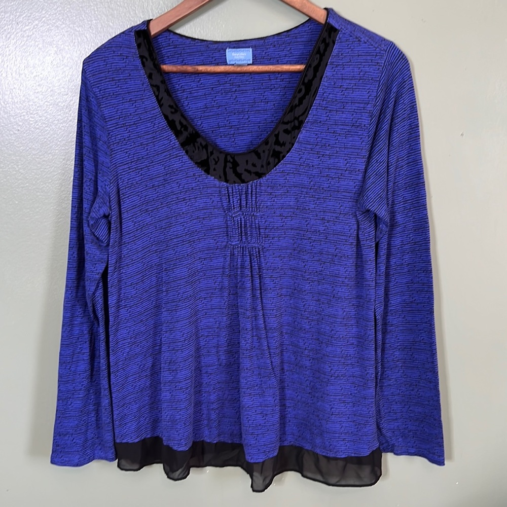 Simply Vera,Vera Wang blouse velvet low neckline dark blue and black,size Large